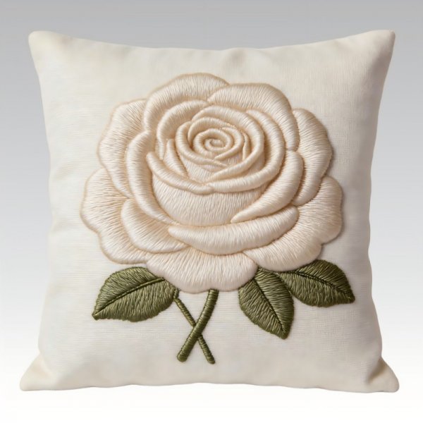 3D Beige Rose Embroidered Pillow - French Luxury Style Sofa Cushion