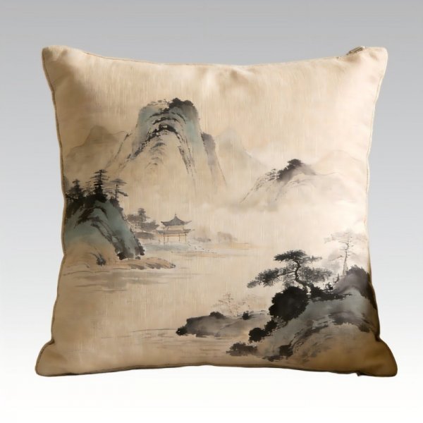 Chinese Ink Wash Landscape Pillow - Zen Style Sofa Cushion
